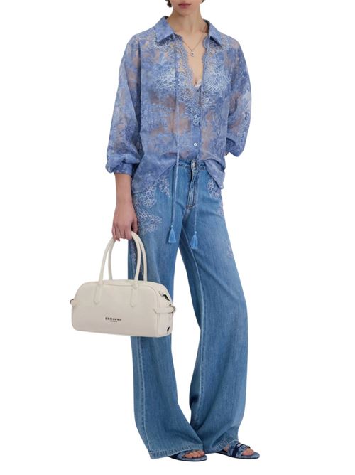Wide-leg denim jeans in a medium blue wash, featuring intricate light-blue floral lace appliqués on the hips and outer thighs. The design combines a classic five-pocket construction with Ermanno's signature romantic embroidery, creating a textured, feminine update to essential denim. Ermanno Firenze | D48EP040REJ4MF156